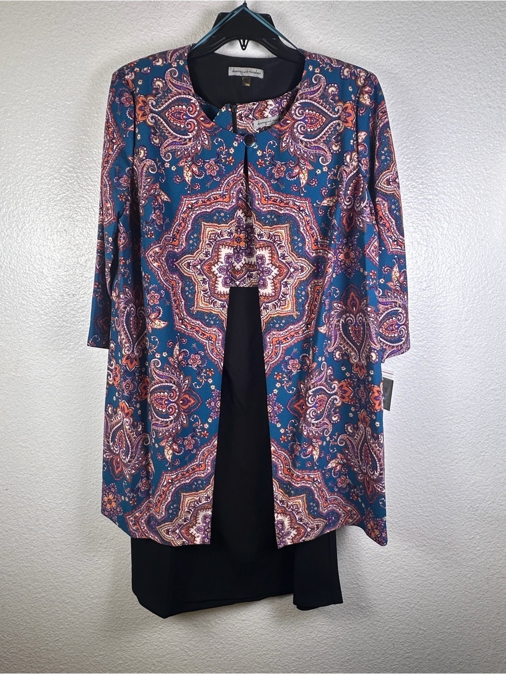 Danny & Nicole Blue Paisley 2 Piece Dress Jacket Set 20W Knit Stretch Zip